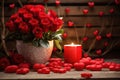 Vase With Red Roses and Lit Candle for a Romantic Atmosphere, Celebration of love, represented by hearts and red roses on Royalty Free Stock Photo